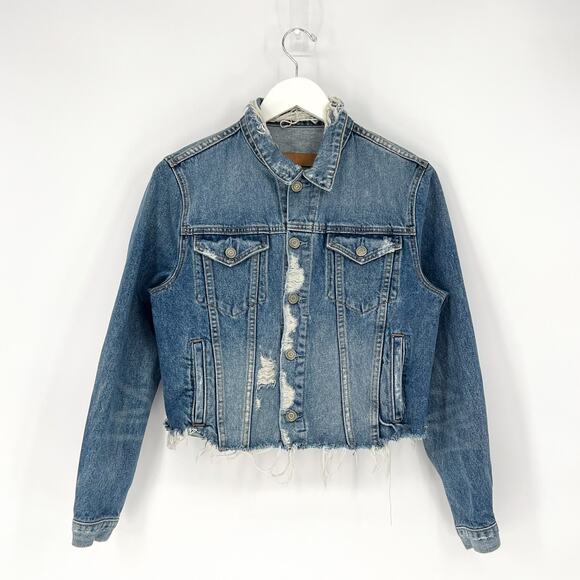 GRLFRND Cara Cropped Denim Jacket Women’s Size Medium Mary Jane Distressed - Picture 2 of 6